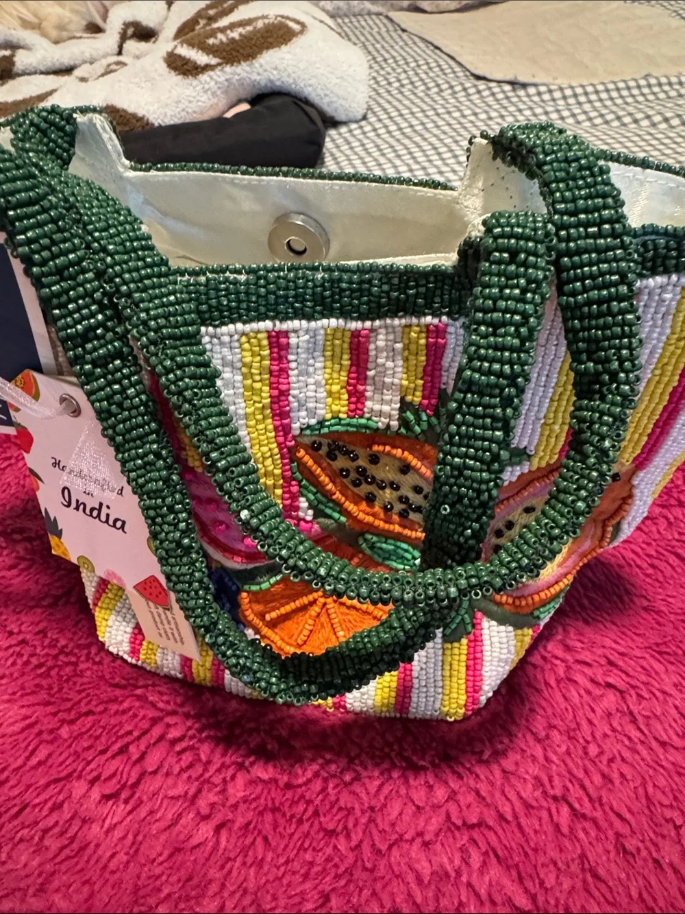 Hand-Beaded Tropical Fruit Tote in Green and Multicolor